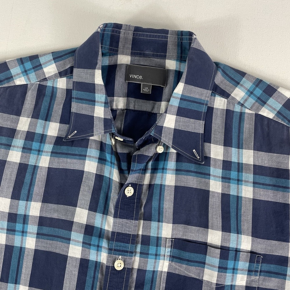Vince Button Down Up Shirt Adult Large Blue Plaid Short Sleeve Cotton Men's